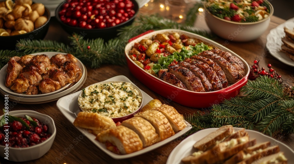 Christmas Dinner Table with Roast Potatoes and Cranberry Sauce Christmas Dinner Table with Roast Potatoes and Cranberry Sauce