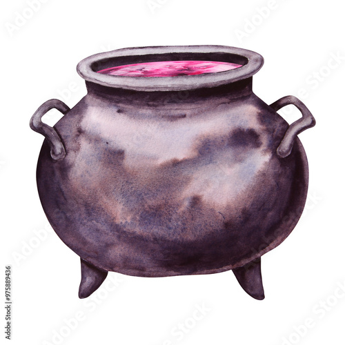 Black cast iron cauldron with pink potion. Esoteric attribute of a witch, sorcerer, gypsy, fortune teller, psychic. Clipart for Halloween, Sabbath, theme party. Watercolor hand-drawn illustration