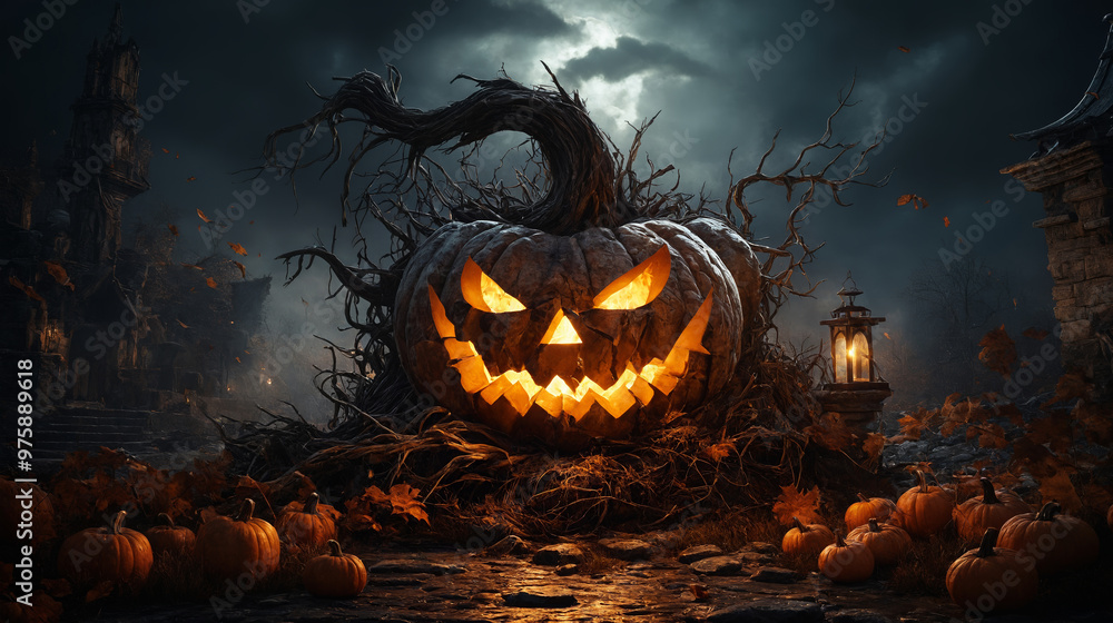 Naklejka premium Pumpkin Monster Under the Moonlight, Mystical Halloween Atmosphere