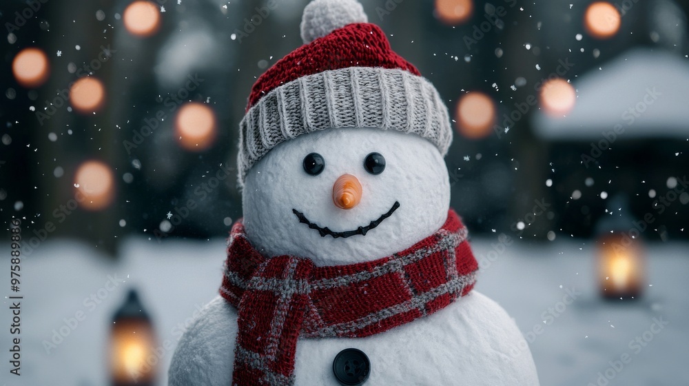 Fototapeta premium Happy Snowman with Winter Lights and Falling Snow