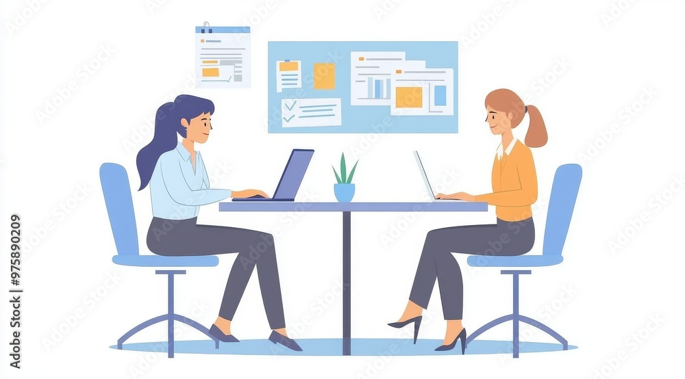 Two colleagues engage in a productive virtual meeting at a modern office workspace, utilizing laptops and sharing ideas in a collaborative environment Two colleagues engage in a productive virtual meeting at a modern office workspace, utilizing laptops and sharing ideas in a collaborative environment