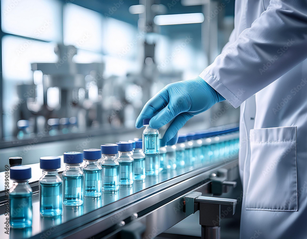 Pharmacist hand holds medical vial on a production conveyor Pharmacist hand holds medical vial on a production conveyor