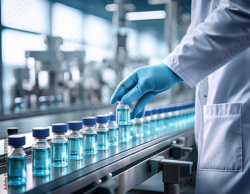 Pharmacist hand holds medical vial on a production conveyor