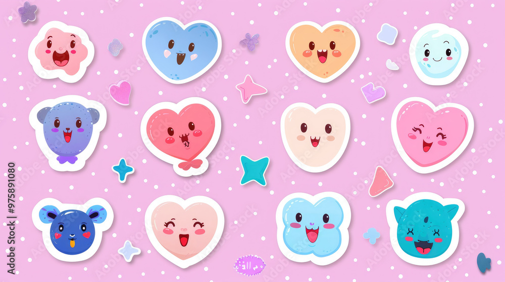 Fototapeta premium A vibrant arrangement of playful hearts and cheerful characters fills a soft pink background, creating a fun and lively atmosphere