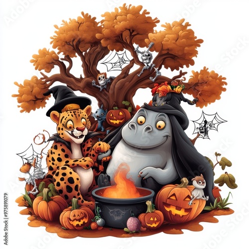 Halloween Party with Leopard  Monster  Pumpkins and Cauldron photo