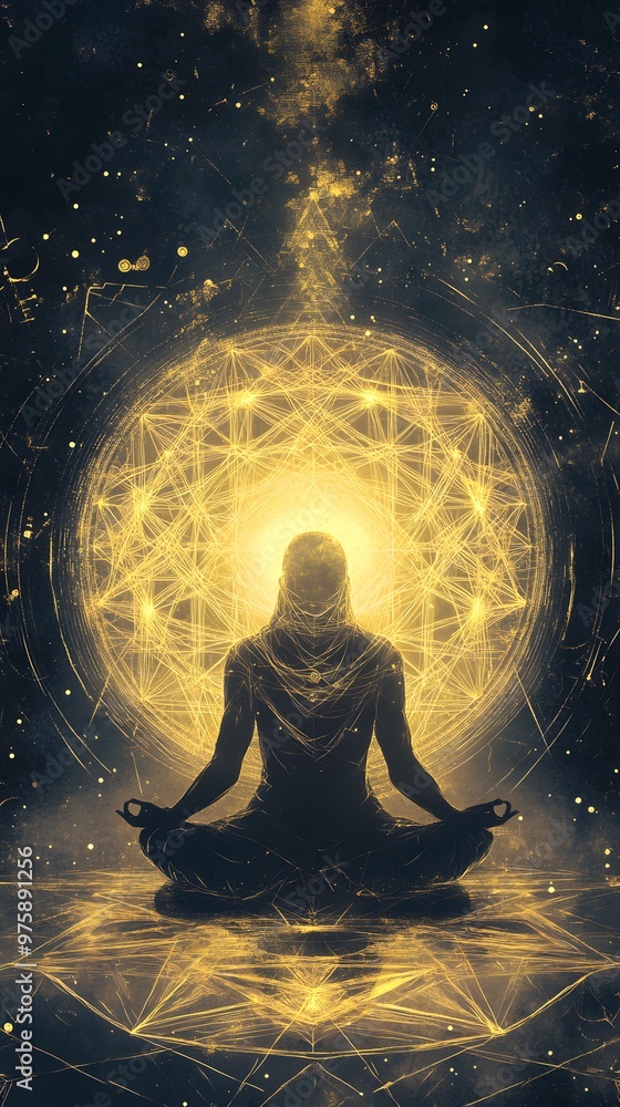 A meditating figure surrounded by an aura of golden light, radiating energy and spiritual power. A meditating figure surrounded by an aura of golden light, radiating energy and spiritual power.