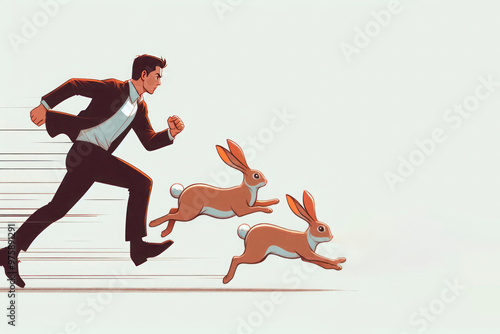 A man in a suit is chasing two hares. Space for text.