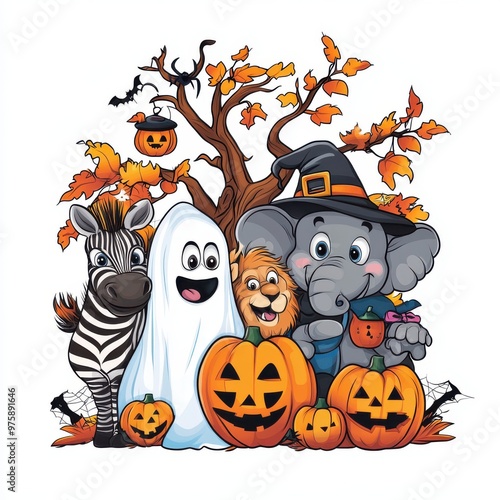 Cute Halloween Animals with Pumpkins and Fall Leaves photo