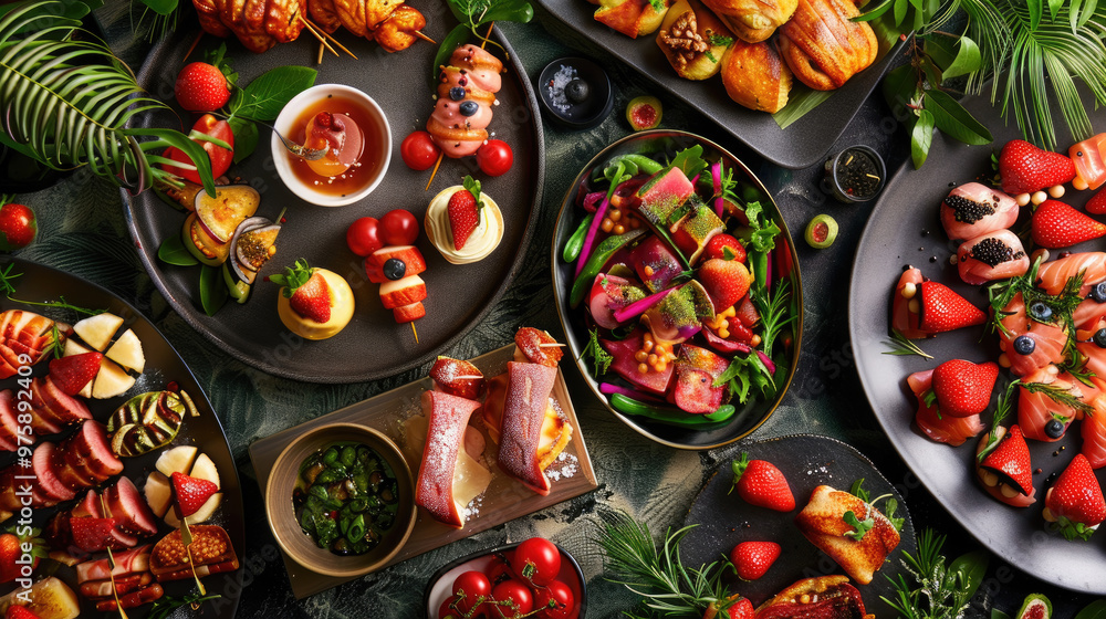 A vibrant display of delicious dishes like skewers, fruits, and pastries is beautifully arranged on a rustic table with lush greenery around A vibrant display of delicious dishes like skewers, fruits, and pastries is beautifully arranged on a rustic table with lush greenery around