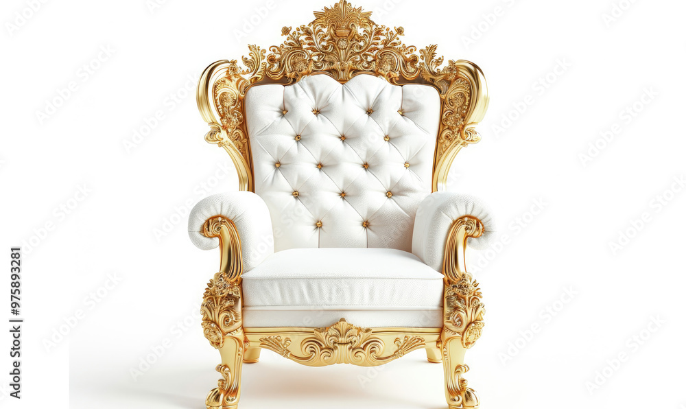 Golden luxury throne chair white leather seats isolated on white background