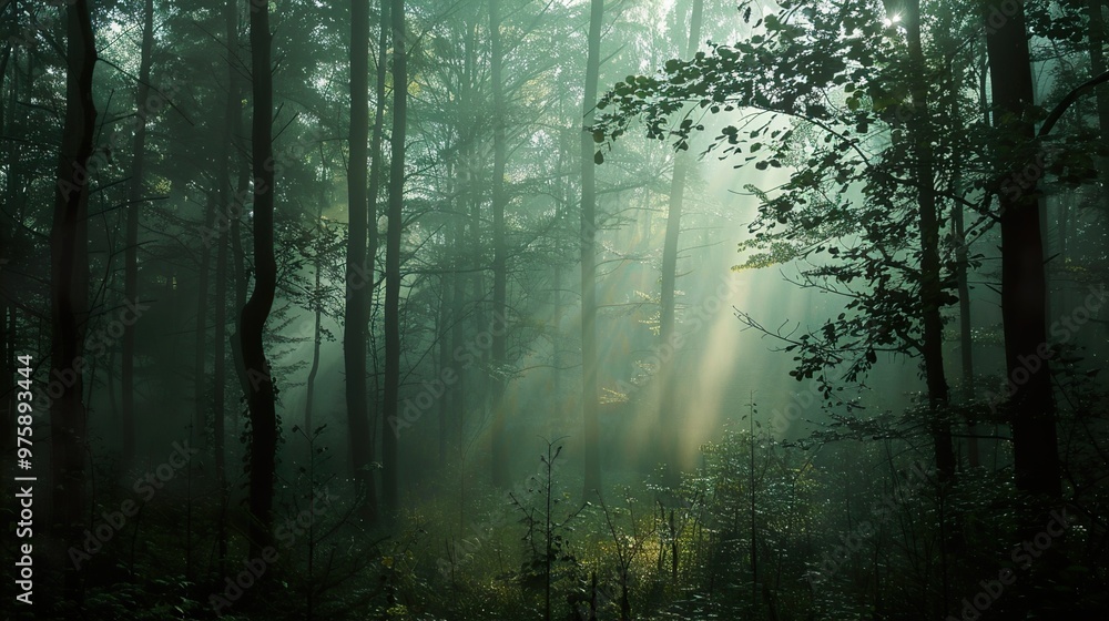Fototapeta premium Sunlight beams through the mist in a dense forest.