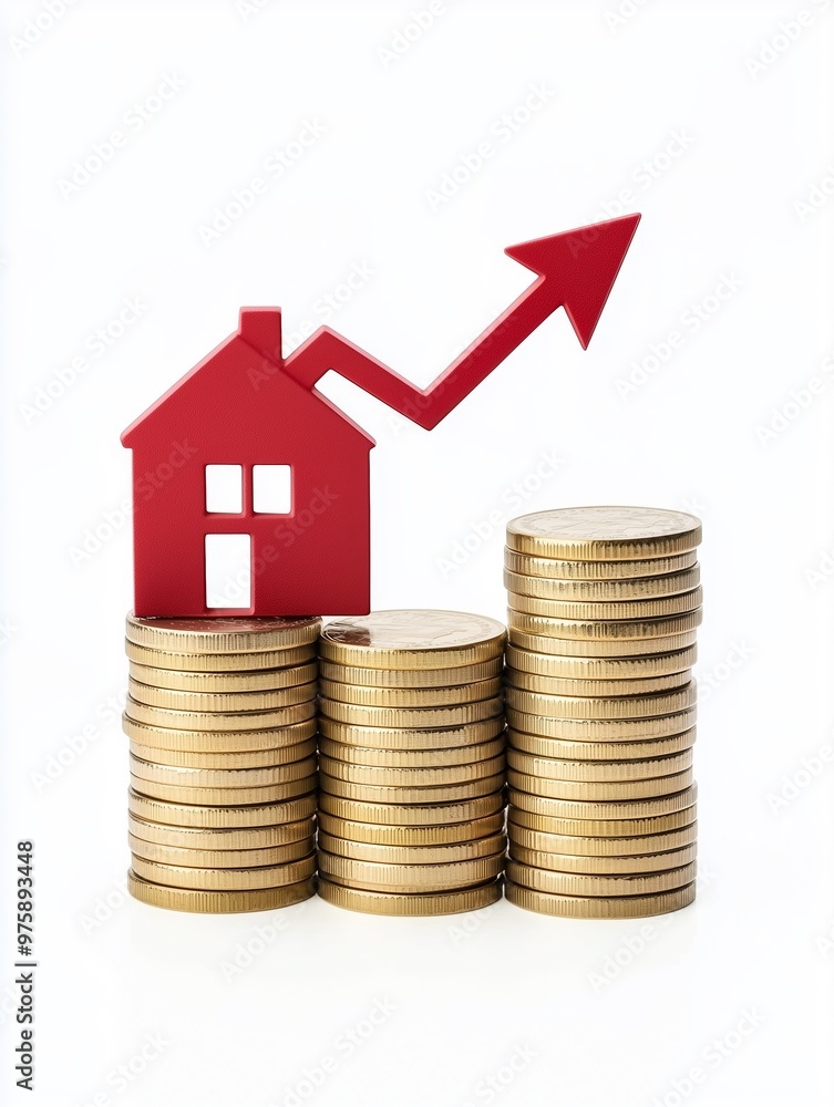 A small house icon placed on top of an increasing stack of coins with an upward arrow. A small house icon placed on top of an increasing stack of coins with an upward arrow.