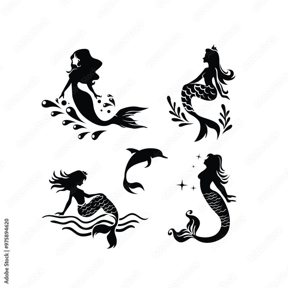 Mermaid silhouettes. Fantasie swimming women with flippers and tails marine mermaid vector emblems collection. Illustration logo mermaid flipper, swimming Mermaid silhouettes. Fantasie swimming women with flippers and tails marine mermaid vector emblems collection. Illustration logo mermaid flipper, swimming