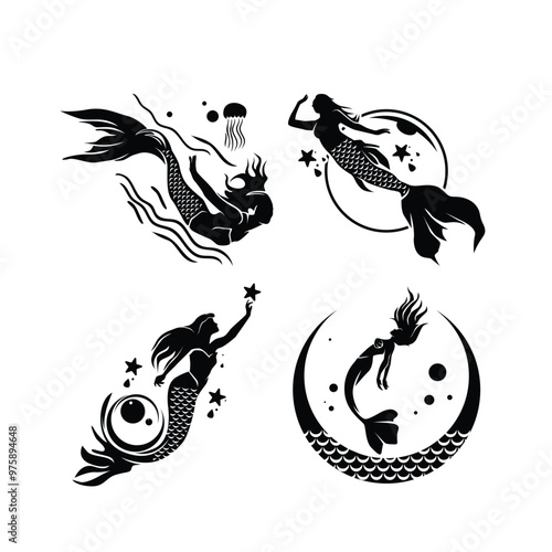 Mermaid silhouettes. Fantasie swimming women with flippers and tails marine mermaid vector emblems collection. Illustration logo mermaid flipper, swimming 
