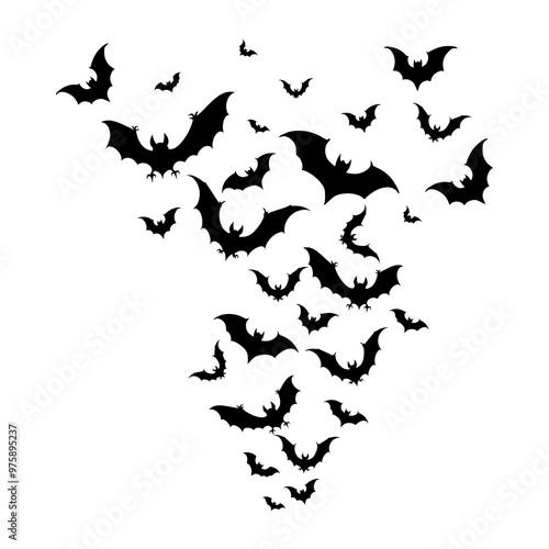 bats fly apart in the shape of a funnel. vector illustration of various silhouettes of bats isolated on a white background