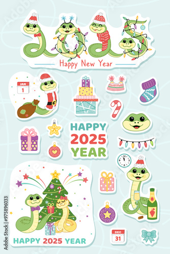 New 2025 year of snake. Sticker pack of snakes. Cartoon, vector