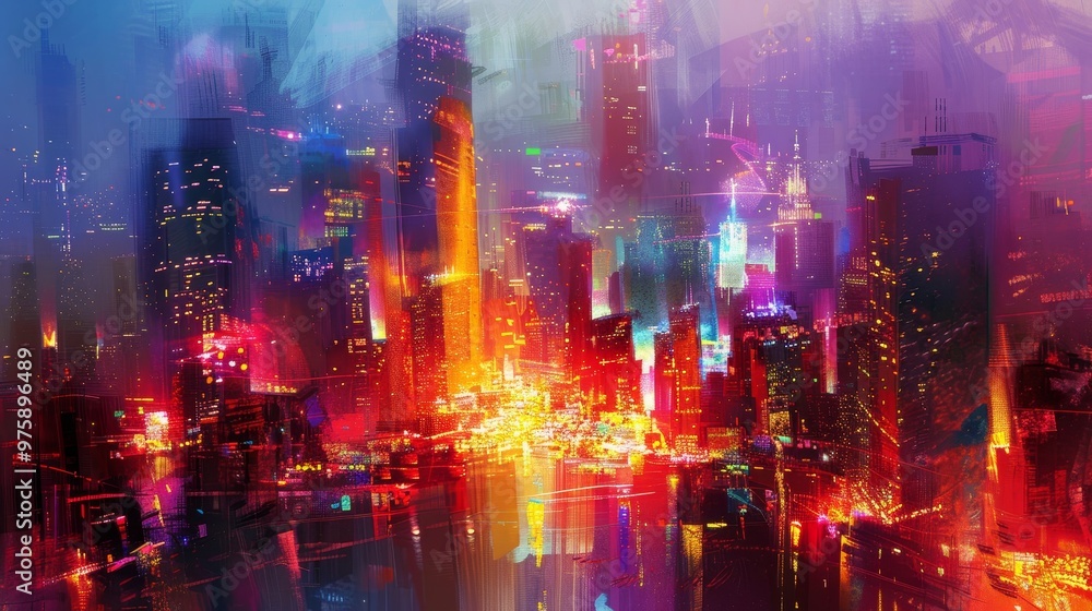 Obraz premium An abstract cityscape with tall buildings and colorful lights