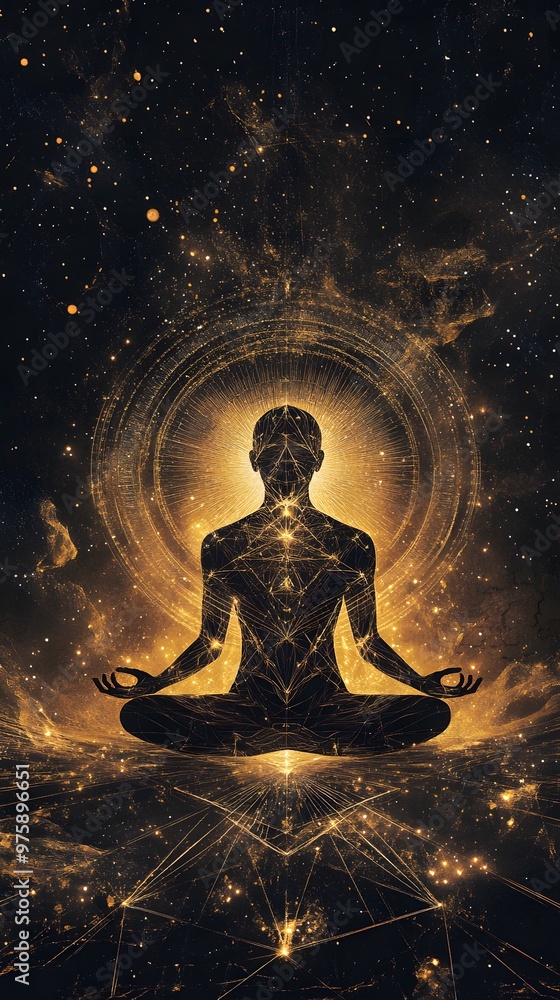 A meditating figure surrounded by an aura of golden light, radiating energy and spiritual power. A meditating figure surrounded by an aura of golden light, radiating energy and spiritual power.