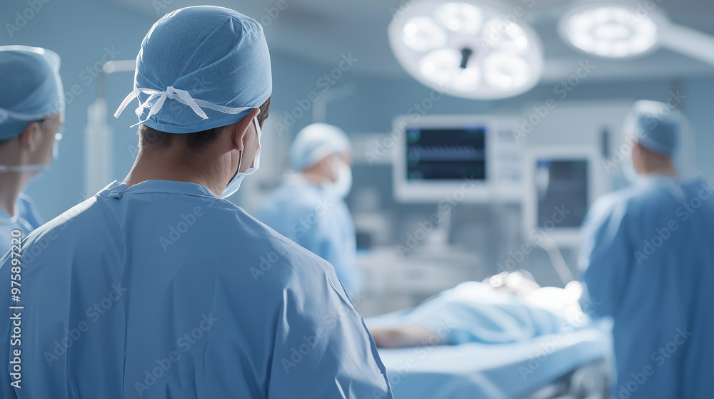 ER team in action, including a surgeon and anesthetist, within a medical clinic room. The scene should focus on their collaboration and dedication to emergency nursing care, with a ER team in action, including a surgeon and anesthetist, within a medical clinic room. The scene should focus on their collaboration and dedication to emergency nursing care, with a