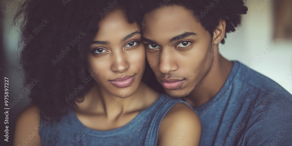 Obraz premium A close-up portrait of a young black couple wearing casual t-shirts, with a blurred background.