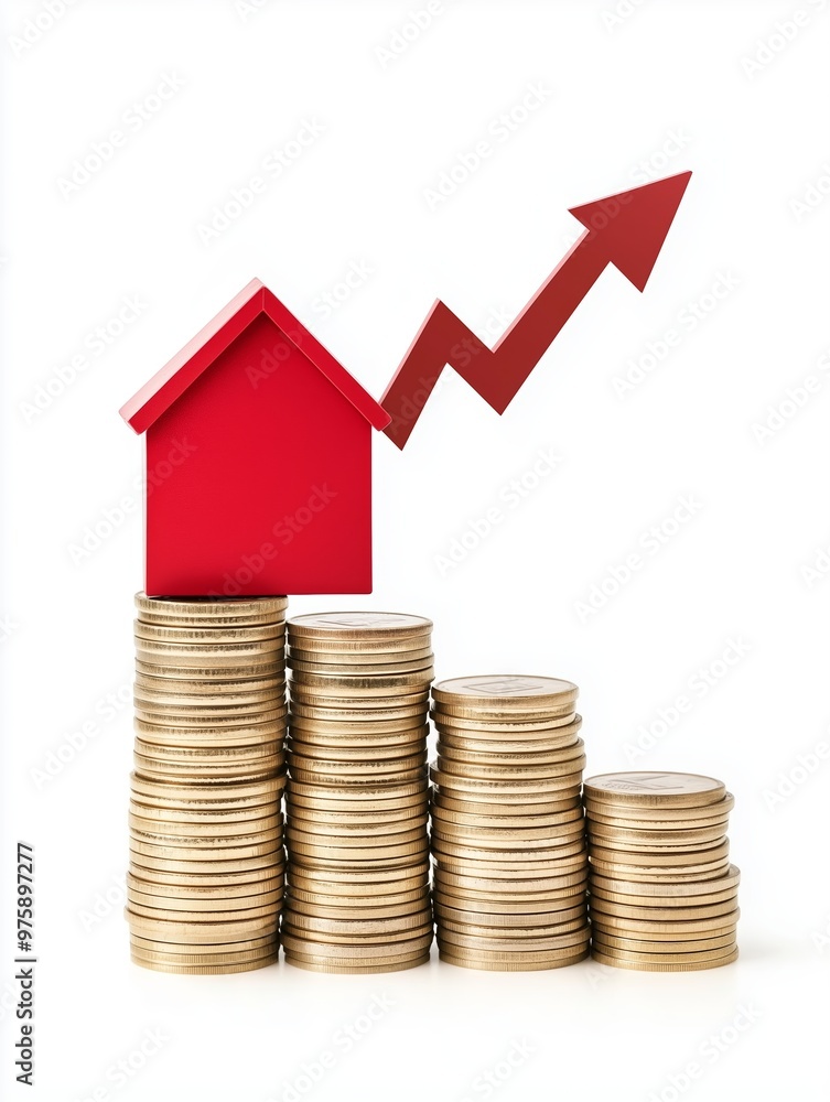 A small house icon placed on top of an increasing stack of coins with an upward arrow. A small house icon placed on top of an increasing stack of coins with an upward arrow.