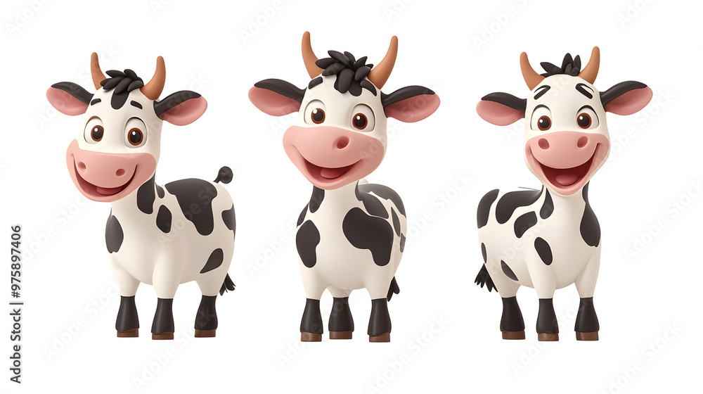 Set of 3D cute happy cartoon cow isolated on transparent background Set of 3D cute happy cartoon cow isolated on transparent background