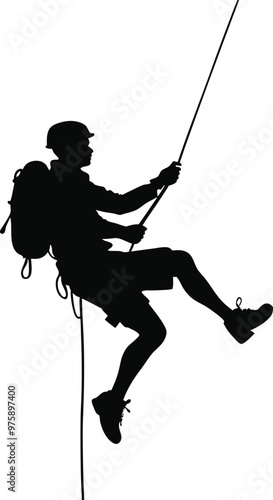Silhouette of a Rock Climber Rappelling Down