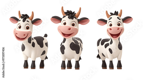 Set of 3D cute happy cartoon cow isolated on transparent background