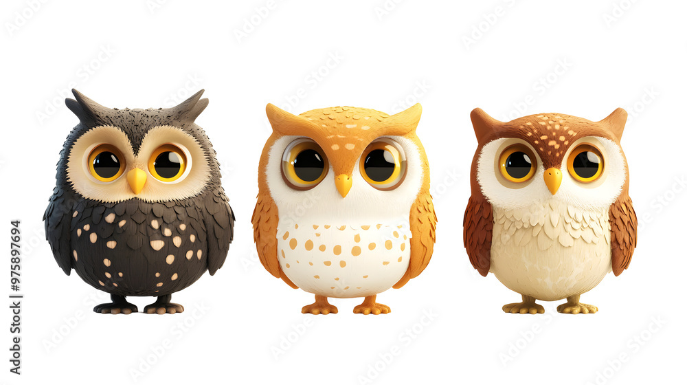 Set of 3D cute happy cartoon owl cat isolated on transparent background Set of 3D cute happy cartoon owl cat isolated on transparent background