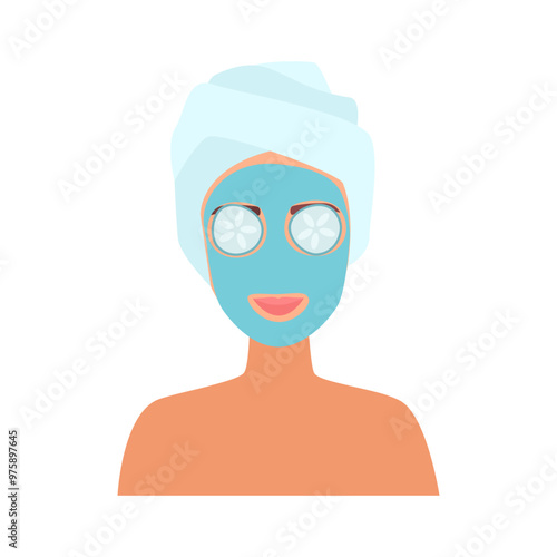 Vector illustration of a woman with a facial mask and cucumbers, symbolizing skincare and relaxation.