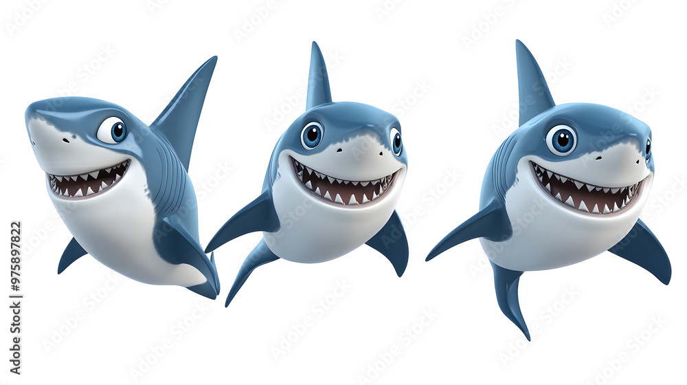 Obraz premium Set of 3D cute happy cartoon Shark isolated on transparent background