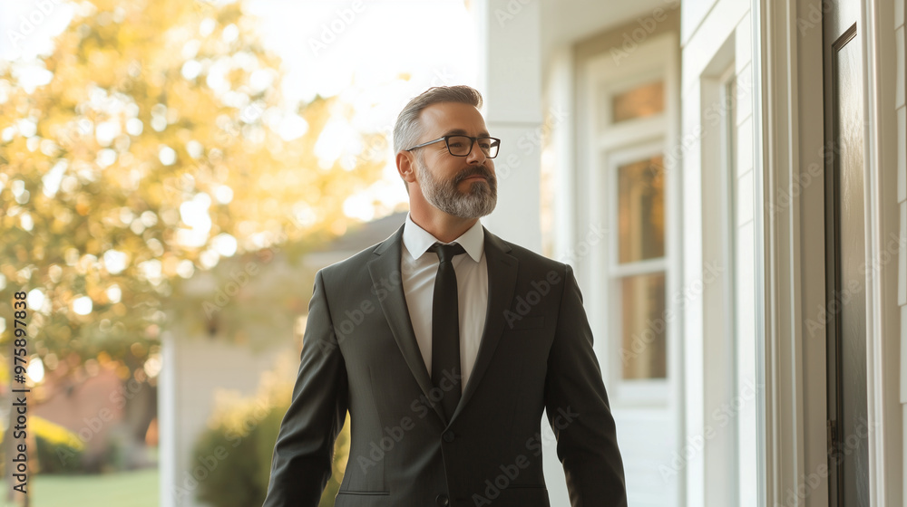 handsome man in a suit arriving at his home, with a bright and cheerful expression. The home interior should be inviting and well-lit, creating a contrast between the day's work an handsome man in a suit arriving at his home, with a bright and cheerful expression. The home interior should be inviting and well-lit, creating a contrast between the day's work an