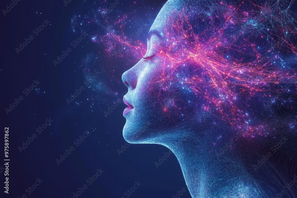 Woman with galaxy like digital particles emanating from her face evoking themes of cosmic mystery self discovery and the infinite universe in a mesmerizing blend of technology and space Woman with galaxy like digital particles emanating from her face evoking themes of cosmic mystery self discovery and the infinite universe in a mesmerizing blend of technology and space