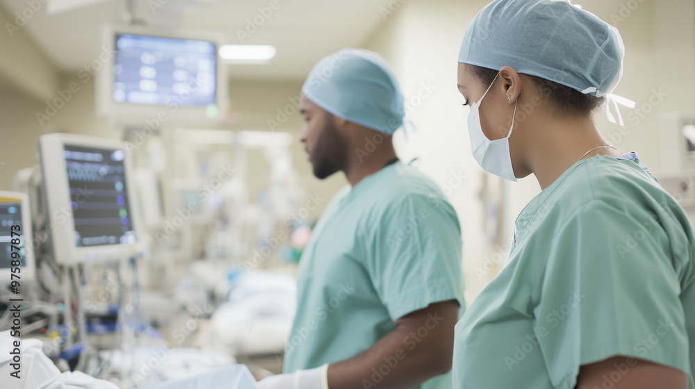 ER team in action, including a surgeon and anesthetist, within a medical clinic room. The scene should focus on their collaboration and dedication to emergency nursing care, with a ER team in action, including a surgeon and anesthetist, within a medical clinic room. The scene should focus on their collaboration and dedication to emergency nursing care, with a