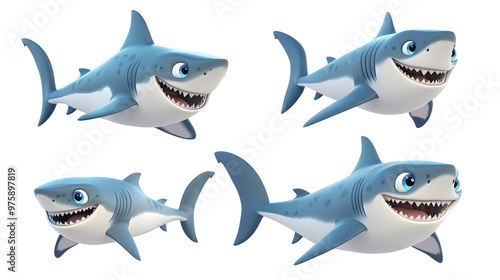 Set of 3D cute happy cartoon Shark isolated on transparent background