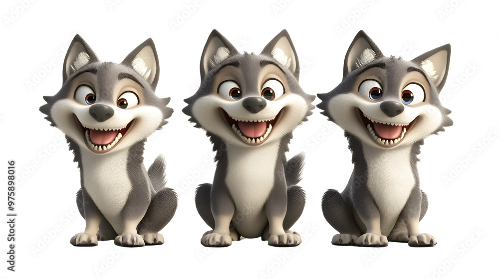 Fototapeta premium Set of 3D cute happy cartoon Wolf isolated on transparent background