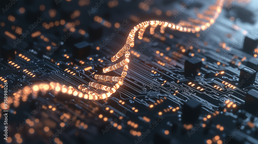 3D view of a circuit board with a prominent, illuminated DNA strand running across or overlaying the board. The circuit board should feature detailed electronic components, while t 3D view of a circuit board with a prominent, illuminated DNA strand running across or overlaying the board. The circuit board should feature detailed electronic components, while t