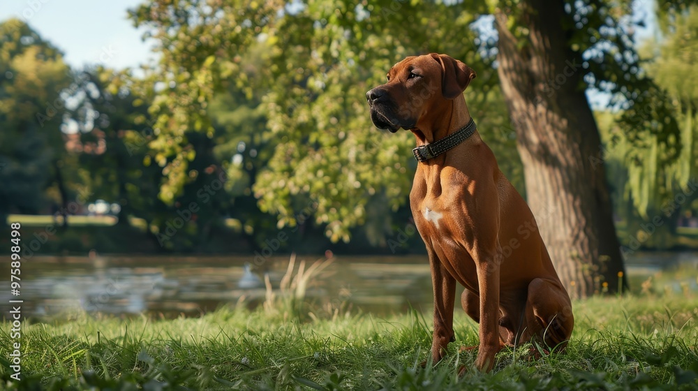 Rhodesian Ridgeback in the park, wide shot. 