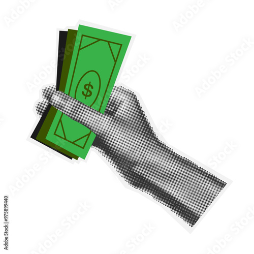 Halftone hand holds money cash on isolated background. Pay for something. Cut out hand gives banknotes. Collage style