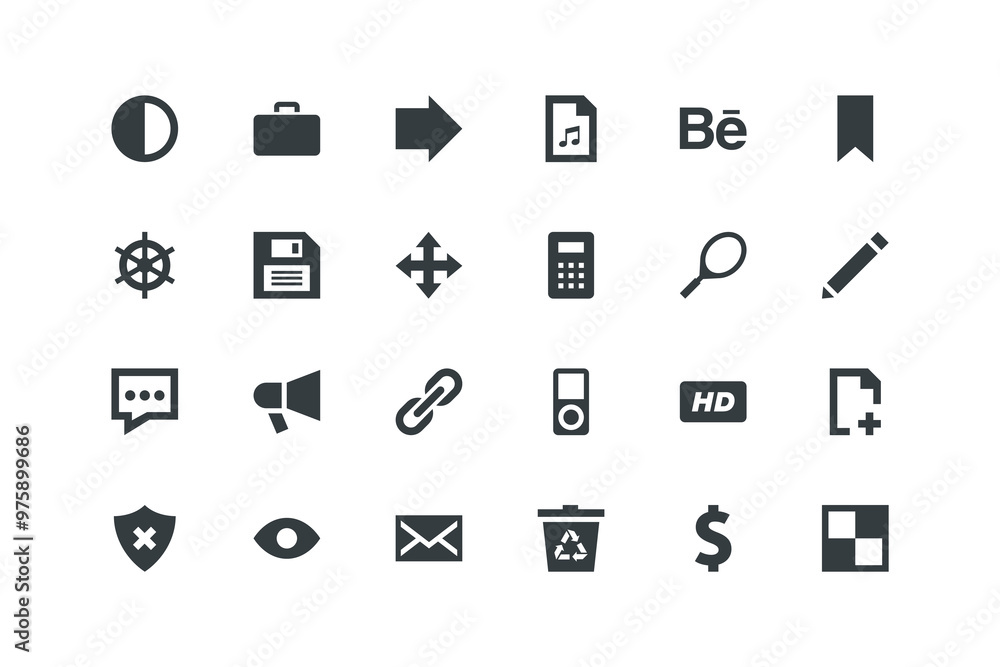 Arrow, Audio, Behance, Bookmark, Brightness, vector illustration, music icons set Arrow, Audio, Behance, Bookmark, Brightness, vector illustration, music icons set