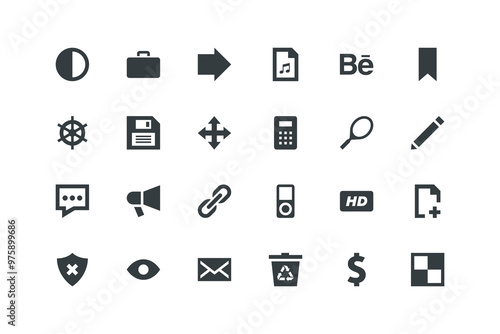 Arrow, Audio, Behance, Bookmark, Brightness, vector illustration, music icons set