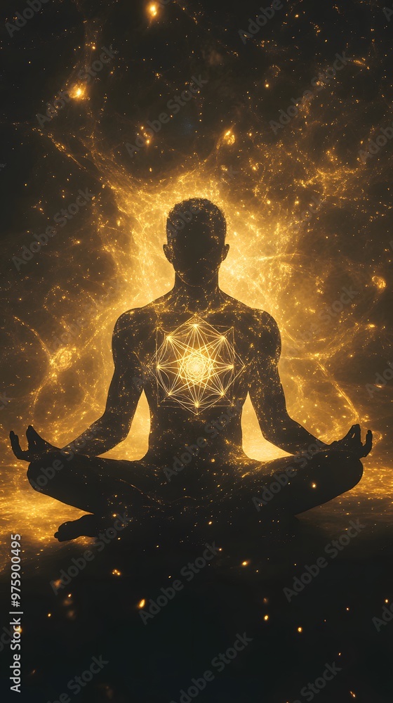 A meditating figure surrounded by an aura of golden light, radiating energy and spiritual power. A meditating figure surrounded by an aura of golden light, radiating energy and spiritual power.