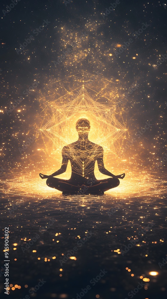 A meditating figure surrounded by an aura of golden light, radiating energy and spiritual power. A meditating figure surrounded by an aura of golden light, radiating energy and spiritual power.