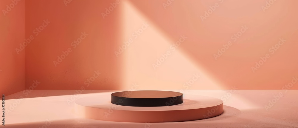 Dual-layered circular podium with a black upper platform and a peach-colored base, set against a matching peach background. Soft sunlight casts warm shadows, ideal for a modern product display Dual-layered circular podium with a black upper platform and a peach-colored base, set against a matching peach background. Soft sunlight casts warm shadows, ideal for a modern product display