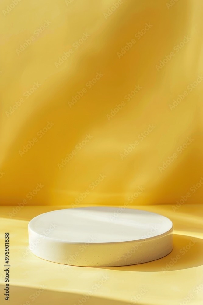 A round, smooth podium with soft, minimalist texture sits against a vibrant yellow background. The clean and modern design, paired with warm lighting, bright and energetic setting for product display A round, smooth podium with soft, minimalist texture sits against a vibrant yellow background. The clean and modern design, paired with warm lighting, bright and energetic setting for product display