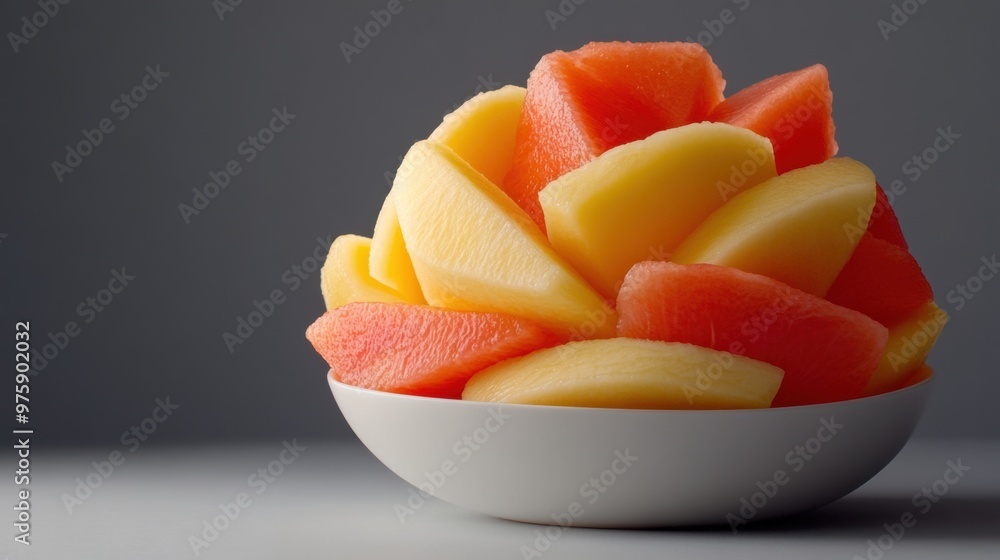 A bowl of sliced melon and watermelon in a white dish on top of gray table, AI A bowl of sliced melon and watermelon in a white dish on top of gray table, AI