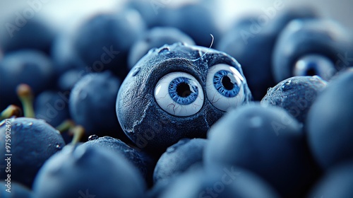 A blue grapes with eyes and a mouth surrounded by other fruits, AI