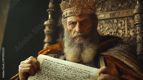 King David, a key figure in the Old Testament, sits on a royal throne holding a scroll. photo