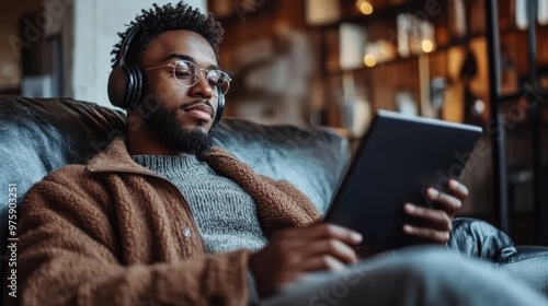 Young man enjoying music at home, reading on tablet with headphones, cozy atmosphere, and stylish interior design.