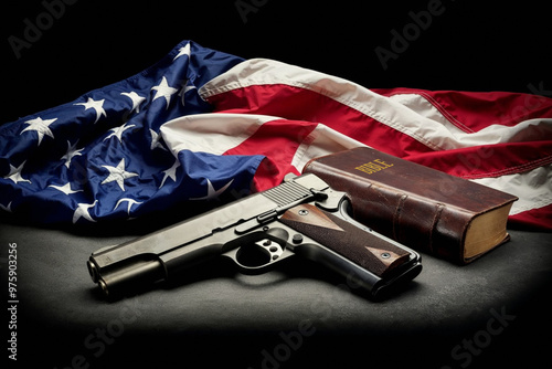 American flag, the Holy Bible and a Gun laying on a concrete surface and set against a black background. Patriotism, Christianity, freedom and self-defense concept. Morality and patriotism. 